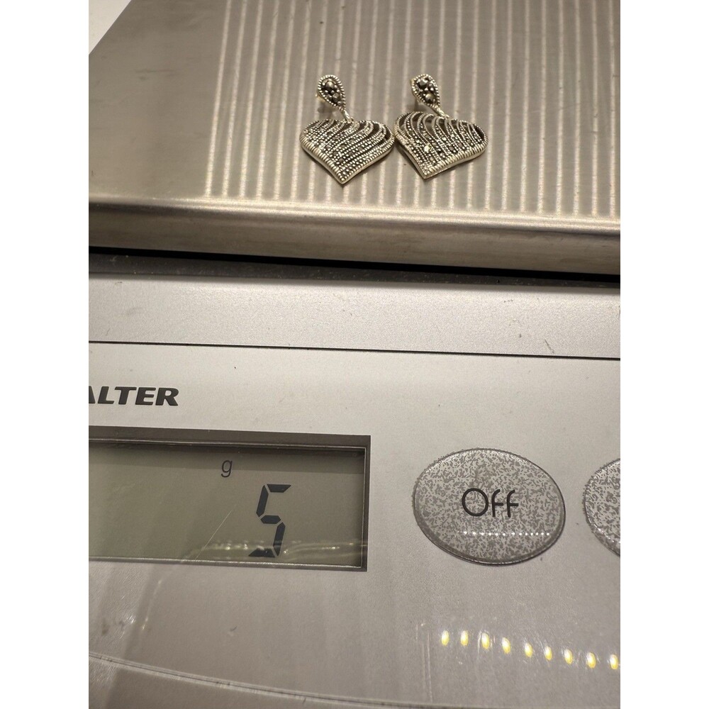 Vintage Heart Shaped Sterling Silver 925 & Marcasite Earrings Diamond Read Descr - Picture 11 of 12